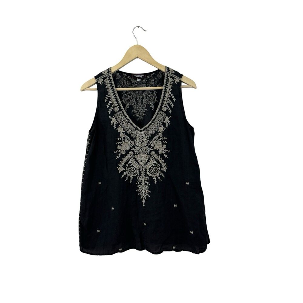 Johnny Was Small Iva Tank Top Black Embroidered Sleeveless V-Neck Womens READ